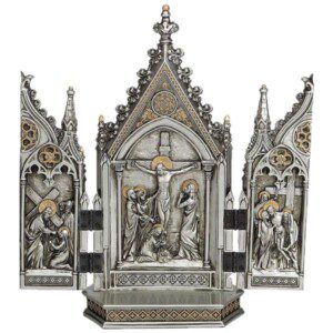 Calvary Triptych Studio Collection by Veronese Design Calvary Triptych hand-painted pewter w/gold trim 7.25" H x 8" W, Weighs 1.43 lbs.