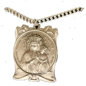 Our Lady of Czestochowa Medals 1 1/4" Round Medal with Flourishes, Silver Antique Finish, 24" chain; Our Lady of Czestochowa on one side and The Sacred Heart on the other