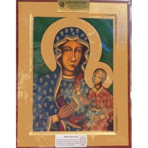 Greek Handpainted Antique Style Icons 11.5" x 8.5" x 1"; Hand-made in the old traditional manner of Byzantine art. Icon is Hand Painted with Egg, Tempura and Gold Leaf on canvas and old wood created to portray an antique style. May be hung or stand is included.