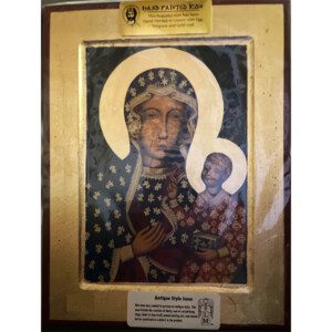 Greek Handpainted Antique Style Icons 9.75" x 7.25" x 1"; Hand-made in the old traditional manner of Byzantine art. Icon is Hand Painted with Egg, Tempura and Gold Leaf on canvas and old wood created to portray an antique style. May be hung or stand is included.